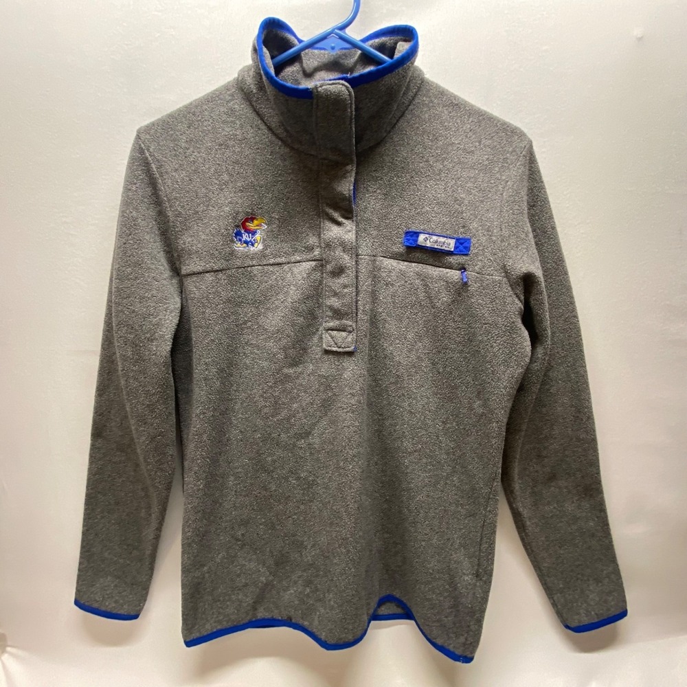 Columbia x Kansas Jayhawks PFG Fleece Men's Medium Grey College Fishing 1/4 Snap